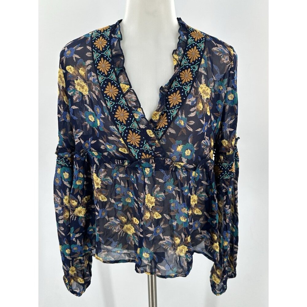 Meadow Rue Anthropologie Blouse Boho Sheer Floral Embroidered Ruffles Blue XS